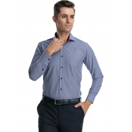 Camasa slim fit bleumarin cu carouri bordo