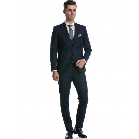 Costum slim fit cu vesta bleumarin