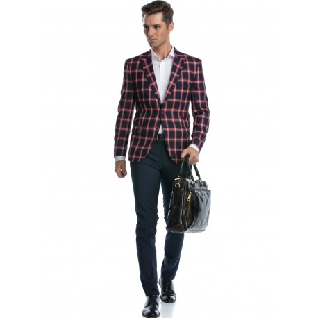 Sacou in carouri bleumarin cu rosu slim fit