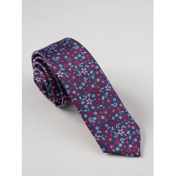 Cravata ingusta model floral bleumarin cu rosu