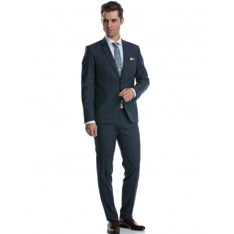 Costum lana bleumarin slim fit cu caro