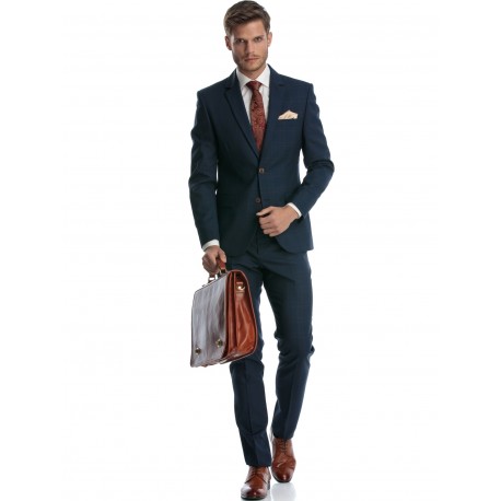 Costum business bleumarin cu carouri maro